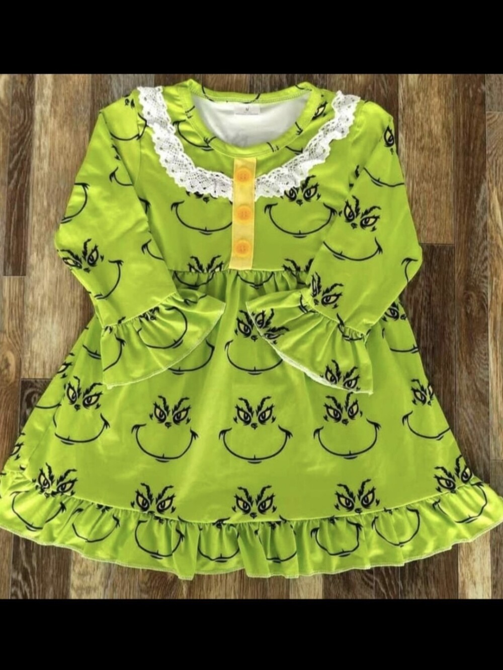 Girls Green Grinch Face Ruffle Dress - Unbranded